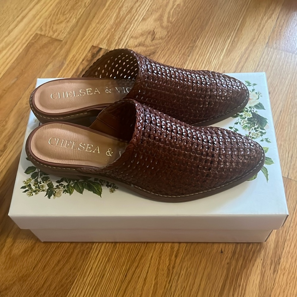 Chelsea and Violet woven mules